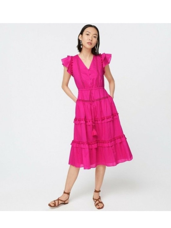 J. Crew Dresses & Skirts - J. Crew Flamingo Pink Pom Pom Cotton Voile Midi Dress Size 12 vacation‎ resort